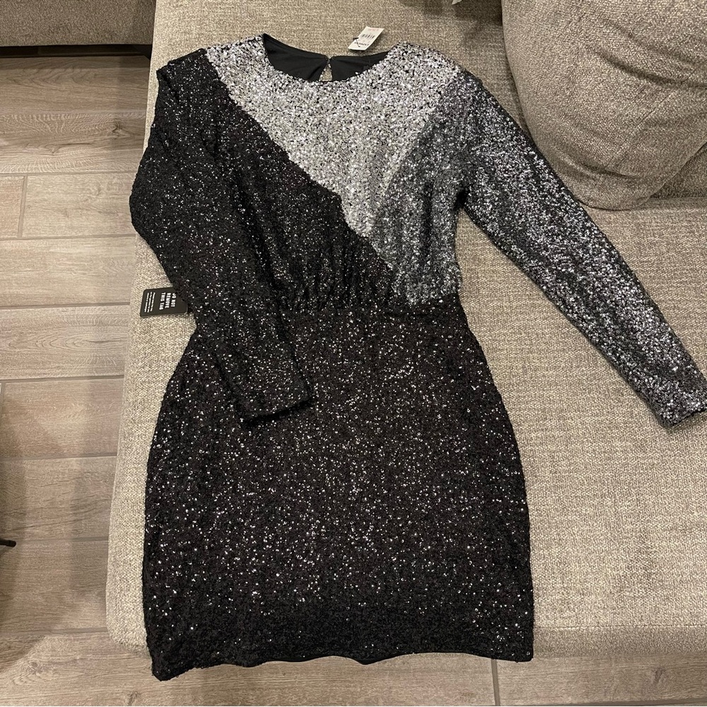 Express Black and Silver Sequin Long Sleeve Dress